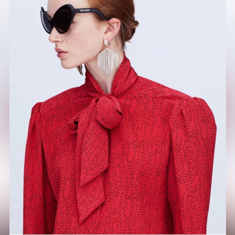 Vintage Amanda‎ Red Polka Dot Blouse | Puff Shoulder Tie Neck | Size Small